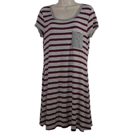 Ultra Flirt Stripe Burgundy Gray Short Sleeve Pocket T-shirt Dress Women Size XL - Picture 1 of 8